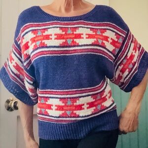 American Eagle Outfitters S short-sleeve sweater Aztec-inspired blue red white